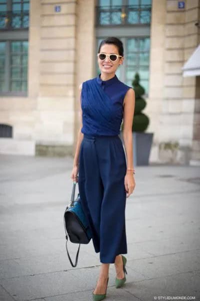 Navy Blue Sleeveless Collar Shirt with Matching Wide Leg Cropped Pants