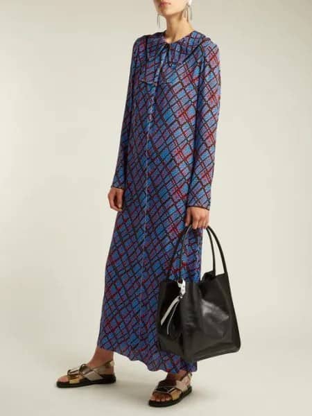 Blue and Grey Plaid Button Up Maxi Dress with Black Soft Leather Purse