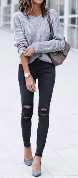 Grey Knit Sweater with Black Ripped Skinny Jeans