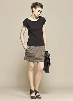 Black T Shirt with Green Mini Cargo Skirt & Flat Sandals