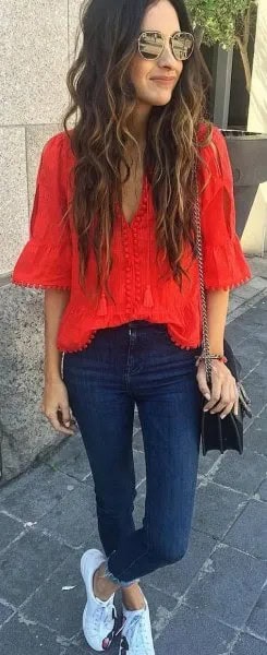 Red Lace Half Sleeve Blouse with Skinny Jeans & Sneakers