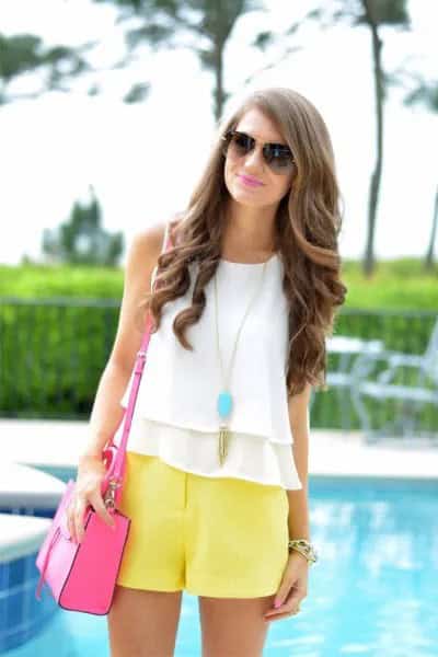 White Chiffon Ruffle Vest Top with Flowy Shorts