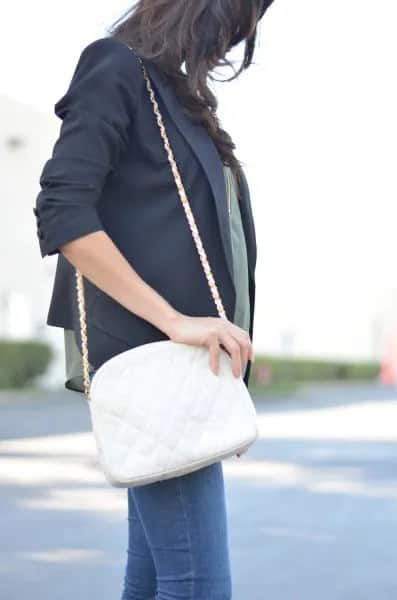 Black Blazer with Blue Skinny Jeans & White Leather Shoulder Bag