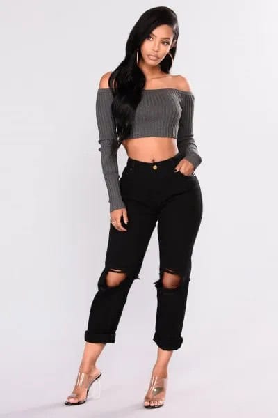 Grey Ribbed Off The Shoulder Sweater with Black Ripped Boyfriend Jeans