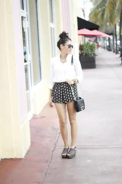 Black and Pink Patterned Mini Shorts with White Button Up Shirt