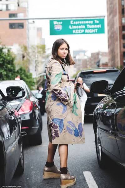 Beige and Blue Printed Trench Coat with Gold Platform Heels