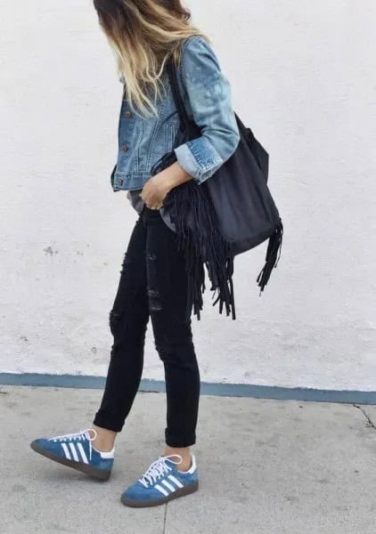 Blue Jacket with Black Skinny Jeans with Denim Low Top Casual Walking Shoes