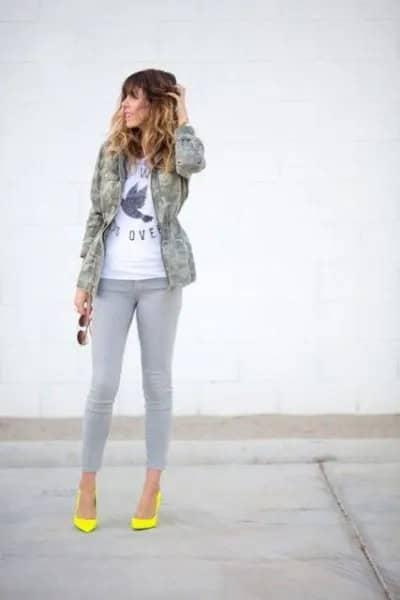 Grey Jeans with Camo Jacket & Yellow Heels