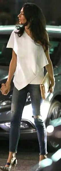 One Shoulder White Draped Top with Ripped Skinny Jeans