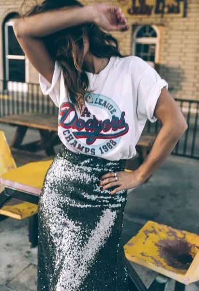 White Retro Tee with Silver Sequin Midi Skirt