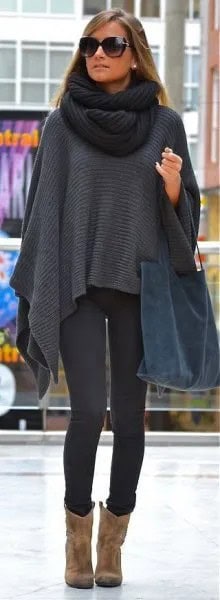 Dark Grey Knit Scarf with Matching Cape & Suede Ankle Boots