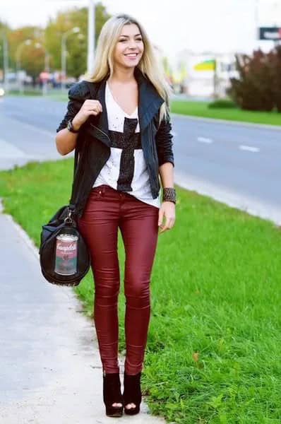 Black Leather Blazer with Matching Red Skinny Pants