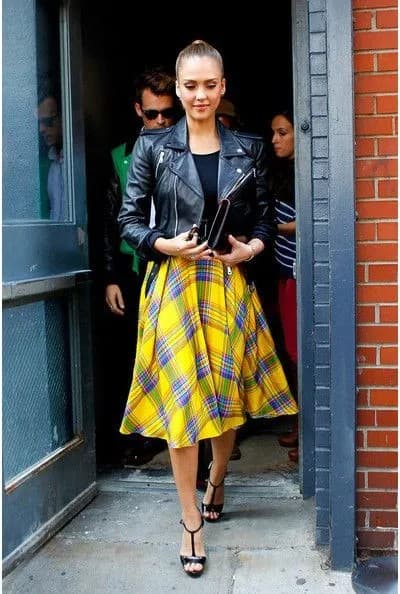 Leather Jacket and Yellow Plaid Skirt