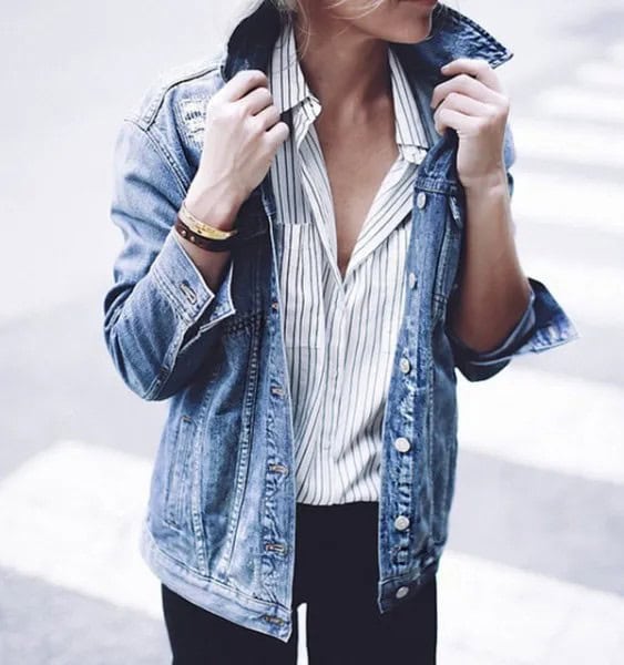 Grey and White Pinstripe Shirt with Oversized Denim Jacket