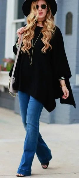 Black Poncho with Blue Flared Jeans