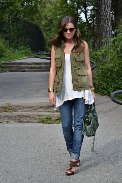 Green Utility Vest with White Sleeveless Tunic Top & Cuffed Blue Jeans