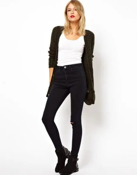 Black Cardigan with White Tank Top & Tall Jeans