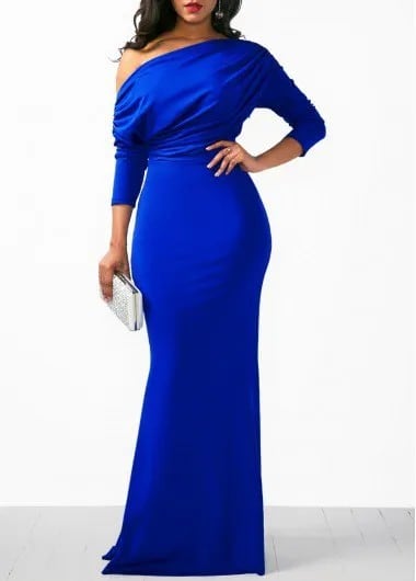 One Shoulder Royal Blue Long Sleeve Dress with White Clutch Purse