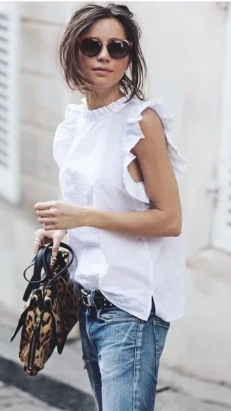 Mock Neck Sleeveless Shirt with Belted Washed Jeans