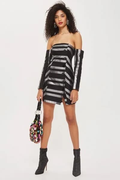 Black and Silver Striped Bardot Mini Dress with Heeled Ankle Boots