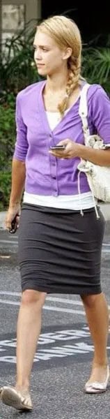 Fitted Purple Cardigan with White Tee & Black Pencil Skirt