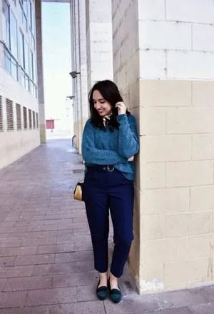 Grey Sweater with Navy Blue Ankle Pants