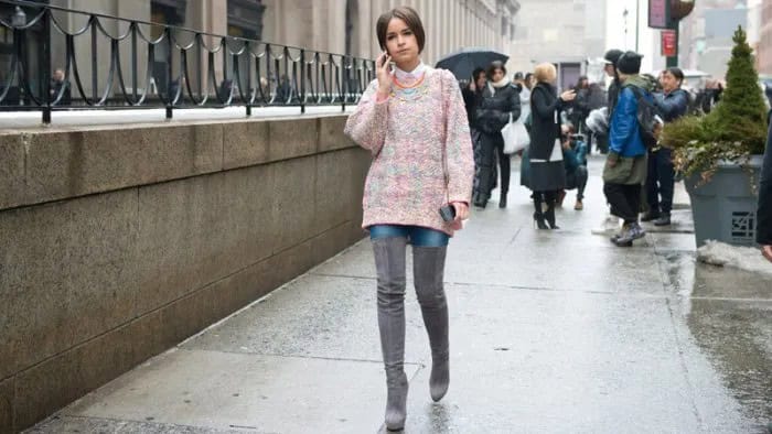 Heather Grey Chunky Sweater with White Collar Shirt & Thigh High Boots