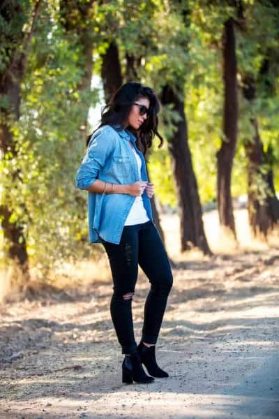 Blue Casual Blouse with Black Ripped Jeans & Heeled Boots