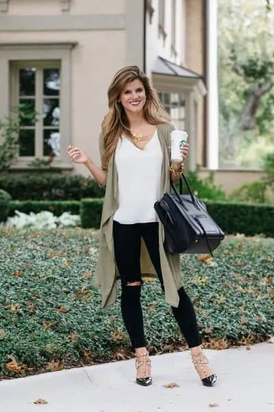 White V Neck Tank Top with Olive Green Longline Vest & Ripped Jeans