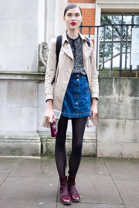 Trench Coat + Denim Skirt