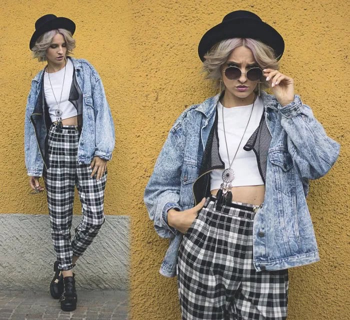 High Waisted Checkered Pants with White Crop Top & Denim Jacket