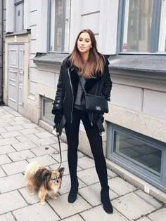 Black Aviator Jacket with Grey Chunky Knit Sweater & Skinny Jeans