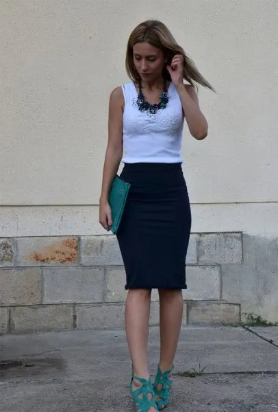 White Form Fitting Tank Top with Pencil Skirt