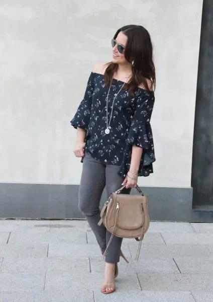 Navy Floral Blouse with Grey Skinny Jeans