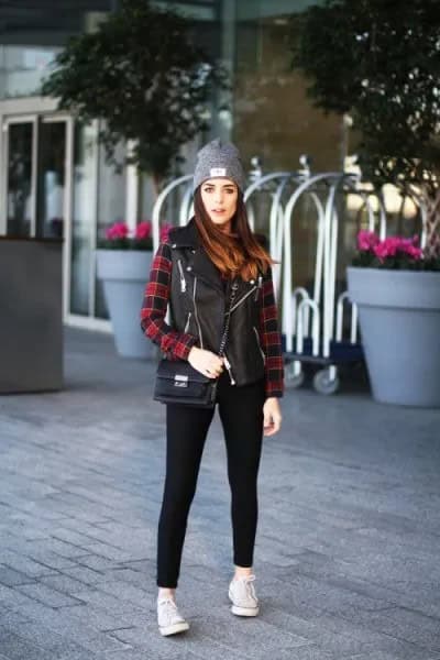 Red and Black Plaid Shirt with Leather Vest Jacket