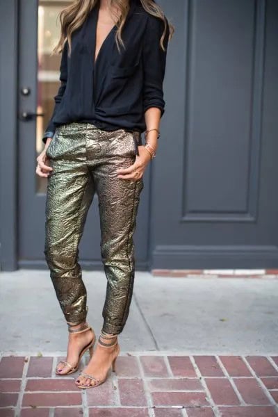 Black V Neck Blouse with Sequin Gold Slim Fit Pants