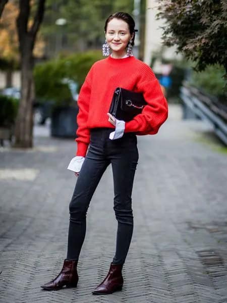 Red Jumper with Black High Waisted Skinny Jeans & Ankle Boots