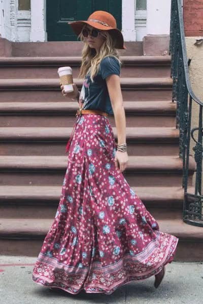 Black and Blue Floral Printed Flared Bohemian Skirt