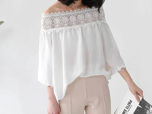 White Boat Neck Lace Blouse with Pale Pink Pants