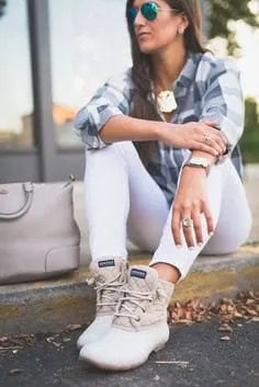 Grey Plaid Boyfriend Shirt with White Duck Boots