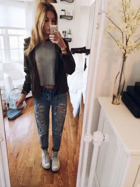 Grey Cropped T Shirt with Black Leather Jacket & Ripped Cuffed Jeans