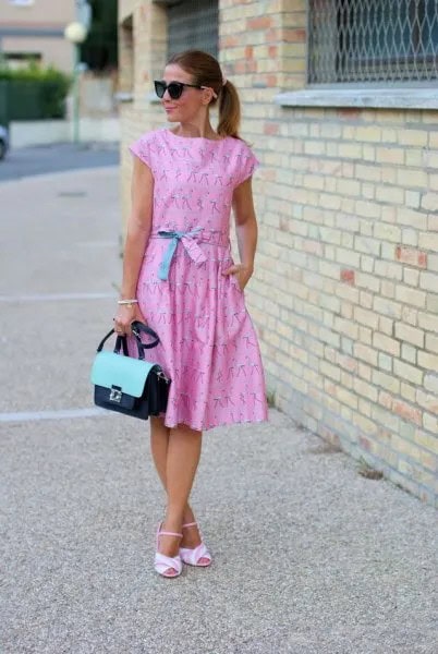 Light Blue Tie Waist Cap Sleeve Sheath Midi Dress with Matching Sandals