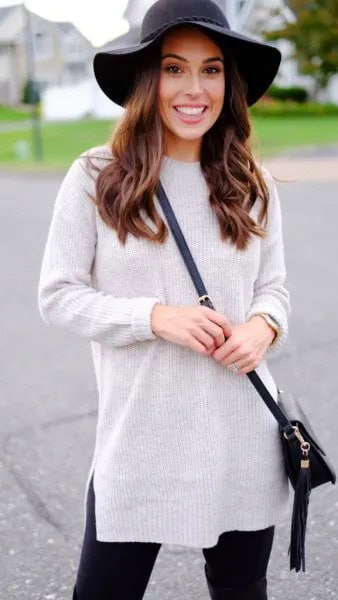 Grey Mock Neck Knit Sweater with Black Floppy Hat