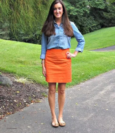 Chambray Shirt with Mini Skirt & Pale Pink Flats