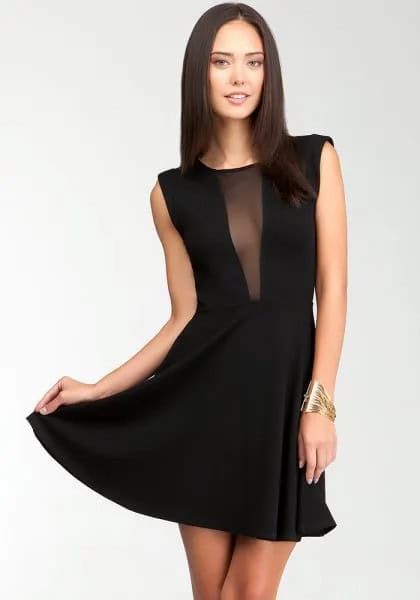 Black Chiffon Skater Dress with Sheer Deep V Neck