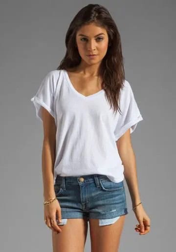 White Oversized V Neck T Shirt with Mini Denim Shorts