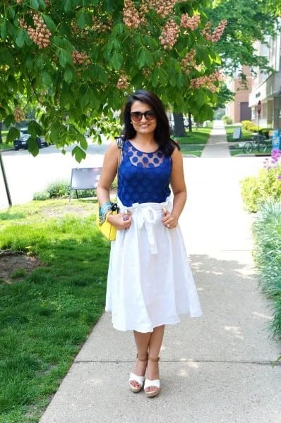 Royal Blue Sleeveless Tank Top with White Tie Waist Cotton Midi Flare Skirt