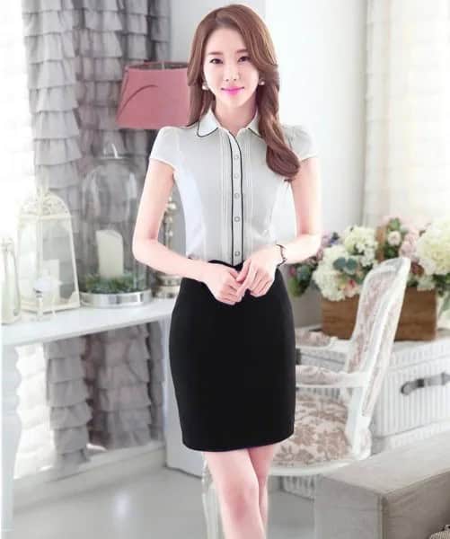 White and Black Slim Fit Short Sleeve Button Up Blouse with Pencil Skirt