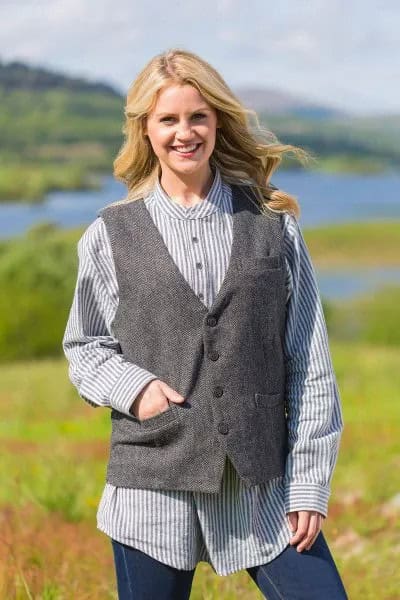 Navy and White Vertical Striped Shirt with Grey Tweed Vest