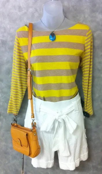 Yellow and Grey Striped Long Sleeve Tee with White Tie Front Mini Shorts